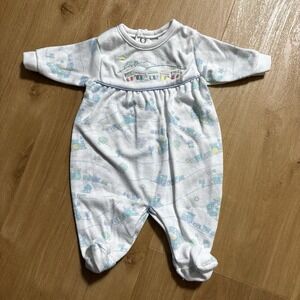 Vintage Little Me Preemie Romper Train Blue Pink Unisex Footies Embroidered